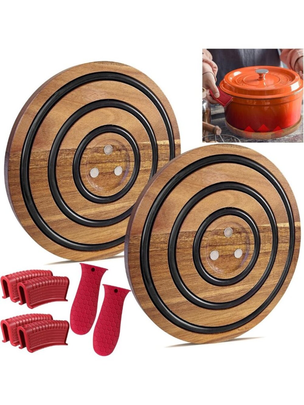 2Pcs Heat Resistant Wooden Trivets & Silicone Handle Covers for Hot Pots & Pans